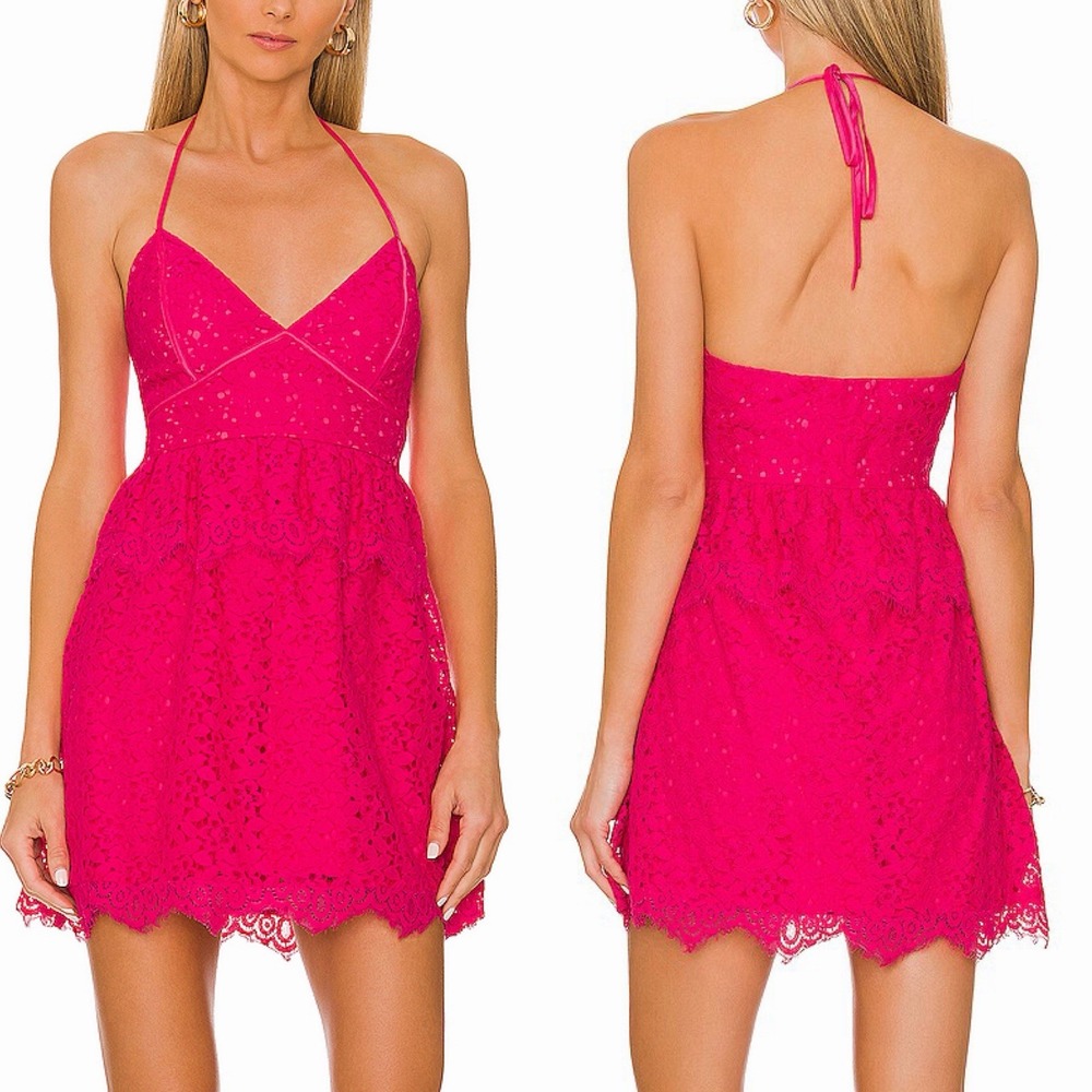 Lovers + Friends Sz XS Rosanna Halter Mini Dress Embroidered Floral Voile Ruffle